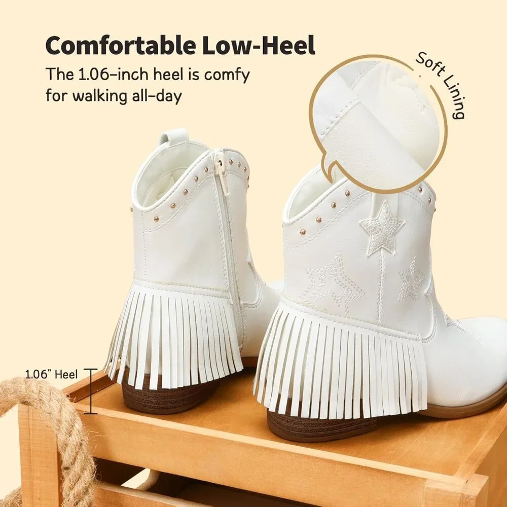 ⚡Girls White Cowgirl Ankle Western Boots Side Zipper Riding Shoes With Tassel